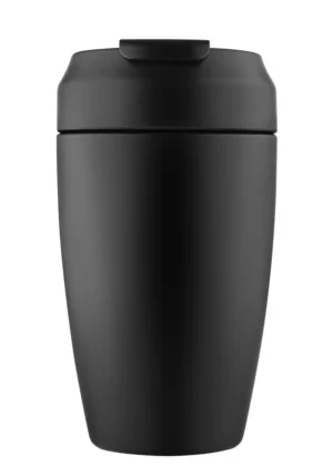 Tyylikäs musta CremaExtensaWowLock-termosmuki yrityksen logolla – vuotovarma ja tyhjiöeristetty 400 ml termosmuki liikelahjaksi.